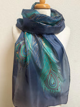 Load image into Gallery viewer, Peacock Feathers Design Long Scarf : Hand Painted Silk in Purple Blues Copper by Designer Silk Artist
