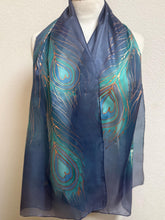 Load image into Gallery viewer, Peacock Feathers Design Long Scarf : Hand Painted Silk in Purple Blues Copper by Designer Silk Artist
