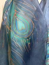 Load image into Gallery viewer, Peacock Feathers Design Long Scarf : Hand Painted Silk in Purple Blues Copper by Designer Silk Artist
