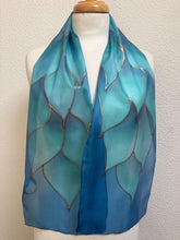 Load image into Gallery viewer, Flames Design Hand Painted Silk Neck Scarf in Turquoise Teal Aqua Copper by Designer Silk Artist
