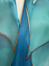 Load image into Gallery viewer, Flames Design Hand Painted Silk Neck Scarf in Turquoise Teal Aqua Copper by Designer Silk Artist
