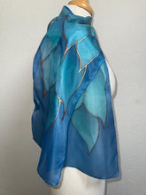 Load image into Gallery viewer, Flames Design Hand Painted Silk Neck Scarf in Turquoise Teal Aqua Copper by Designer Silk Artist

