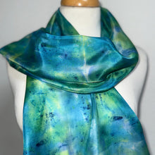 Load image into Gallery viewer, Hand Dyed Silk Neck Scarf in Blue Green Purple Navy by Designer Silk Artist
