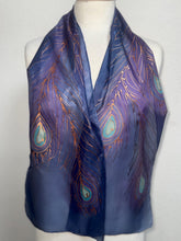 Load image into Gallery viewer, Peacock Feathers Design Silk Neck Scarf in Purple Navy Copper by Designer Silk Artist
