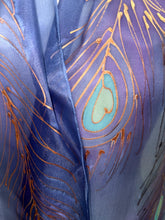 Load image into Gallery viewer, Peacock Feathers Design Silk Neck Scarf in Purple Navy Copper by Designer Silk Artist
