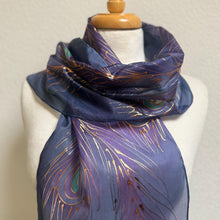 Load image into Gallery viewer, Peacock Feathers Design Silk Neck Scarf in Purple Navy Copper by Designer Silk Artist
