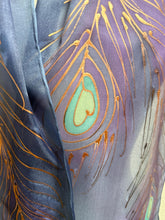 Load image into Gallery viewer, Peacock Feathers Design Silk Neck Scarf in Purple Navy Copper by Designer Silk Artist
