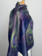 Load image into Gallery viewer, Peacock Feathers Design Long Scarf : Hand Painted Silk in Blue Turquoise Silver by Designer Silk Artist
