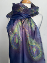 Load image into Gallery viewer, Peacock Feathers Design Long Scarf : Hand Painted Silk in Blue Turquoise Silver by Designer Silk Artist
