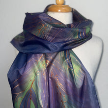 Load image into Gallery viewer, Peacock Feathers Design Long Scarf : Hand Painted Silk in Blue Turquoise Silver by Designer Silk Artist
