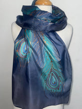 Load image into Gallery viewer, Peacock Feathers Design Long Scarf : Hand Painted Silk in Purple Blues Copper by Designer Silk Artist
