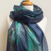 Load image into Gallery viewer, Peacock Feathers Design Long Scarf : Hand Painted Silk in Purple Blues Copper by Designer Silk Artist
