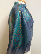 Load image into Gallery viewer, Peacock Feathers Design Long Scarf : Hand Painted Silk in Purple Blues Copper by Designer Silk Artist
