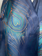 Load image into Gallery viewer, Peacock Feathers Design Long Scarf : Hand Painted Silk in Purple Blues Copper by Designer Silk Artist

