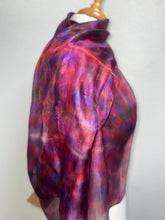 Load image into Gallery viewer, Hand Dyed Silk Neck Scarf in Cherry Red Lilac Blue by Designer Silk Artist
