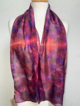 Load image into Gallery viewer, Hand Dyed Silk Neck Scarf in Cherry Red Lilac Blue by Designer Silk Artist
