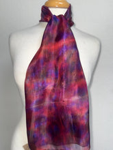 Load image into Gallery viewer, Hand Dyed Silk Neck Scarf in Cherry Red Lilac Blue by Designer Silk Artist
