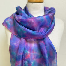 Load image into Gallery viewer, Hand Dyed Silk Neck Scarf in Purples Tan Green by Designer Silk Artist
