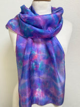 Load image into Gallery viewer, Hand Dyed Silk Neck Scarf in Purples Tan Green by Designer Silk Artist
