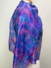 Load image into Gallery viewer, Hand Dyed Silk Neck Scarf in Purples Tan Green by Designer Silk Artist
