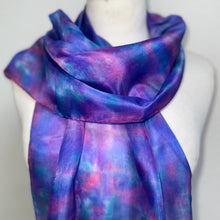 Load image into Gallery viewer, Hand Dyed Silk Neck Scarf in Purples Tan Green by Designer Silk Artist
