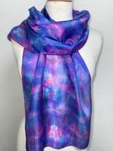 Load image into Gallery viewer, Hand Dyed Silk Neck Scarf in Purples Tan Green by Designer Silk Artist
