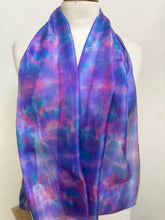 Load image into Gallery viewer, Hand Dyed Silk Neck Scarf in Purples Tan Green by Designer Silk Artist
