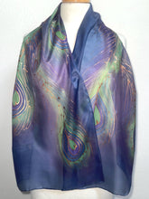 Load image into Gallery viewer, Peacock Feathers Design Long Scarf : Hand Painted Silk in Blue Turquoise Silver by Designer Silk Artist
