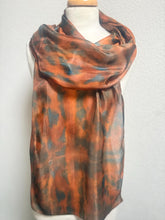 Load image into Gallery viewer, Hand Dyed Long Silk Scarf in Greens and Tan
