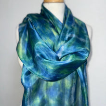 Load image into Gallery viewer, Hand Dyed Long Silk Scarf in Purple Dark Red Blue

