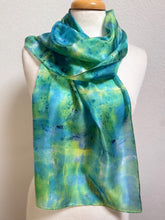 Load image into Gallery viewer, Hand Dyed Silk Neck Scarf in Blue Green Purple Navy by Designer Silk Artist
