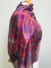 Load image into Gallery viewer, Hand Dyed Silk Neck Scarf in Cherry Red Lilac Blue by Designer Silk Artist
