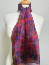 Load image into Gallery viewer, Hand Dyed Silk Neck Scarf in Cherry Red Lilac Blue by Designer Silk Artist
