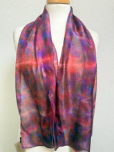 Load image into Gallery viewer, Hand Dyed Silk Neck Scarf in Cherry Red Lilac Blue by Designer Silk Artist
