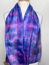 Load image into Gallery viewer, Hand Dyed Silk Neck Scarf in Purples Tan Green by Designer Silk Artist

