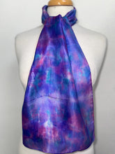 Load image into Gallery viewer, Hand Dyed Silk Neck Scarf in Purples Tan Green by Designer Silk Artist
