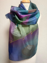 Load image into Gallery viewer, Abstract Design Silk Long Scarf in Purple Green Blue Pink Copper : Hand Painted by Designer Silk Artist
