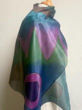 Load image into Gallery viewer, Abstract Design Silk Long Scarf in Purple Green Blue Pink Copper : Hand Painted by Designer Silk Artist
