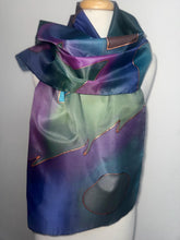 Load image into Gallery viewer, Abstract Design Silk Long Scarf in Purple Green Blue Pink Copper : Hand Painted by Designer Silk Artist
