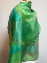 Load image into Gallery viewer, Abstract Design Silk Long Scarf in Shades of Green : Hand Painted by Designer Silk Artist
