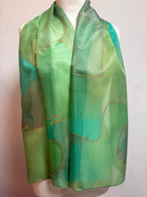 Load image into Gallery viewer, Abstract Design Silk Long Scarf in Shades of Green : Hand Painted by Designer Silk Artist
