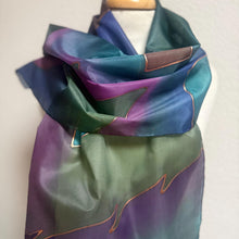 Load image into Gallery viewer, Abstract Design Silk Long Scarf in Purple Green Blue Pink Copper : Hand Painted by Designer Silk Artist
