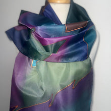 Load image into Gallery viewer, Abstract Design Silk Long Scarf in Purple Green Blue Pink Copper : Hand Painted by Designer Silk Artist
