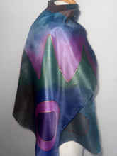 Load image into Gallery viewer, Abstract Design Silk Long Scarf in Purple Green Blue Pink Copper : Hand Painted by Designer Silk Artist
