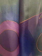 Load image into Gallery viewer, Abstract Design Silk Long Scarf in Purple Green Blue Pink Copper : Hand Painted by Designer Silk Artist
