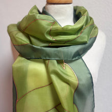Load image into Gallery viewer, Flames Design Long Scarf in Shades of Green : Hand Painted Silk
