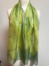Load image into Gallery viewer, Flames Design Long Scarf in Shades of Green : Hand Painted Silk
