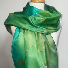 Load image into Gallery viewer, Abstract Design Silk Long Scarf in Shades of Green : Hand Painted by Designer Silk Artist
