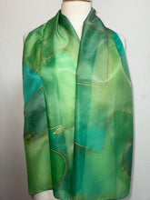 Load image into Gallery viewer, Abstract Design Silk Long Scarf in Shades of Green : Hand Painted by Designer Silk Artist

