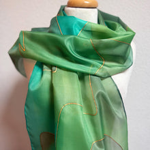 Load image into Gallery viewer, Abstract Design Silk Long Scarf in Shades of Green : Hand Painted by Designer Silk Artist

